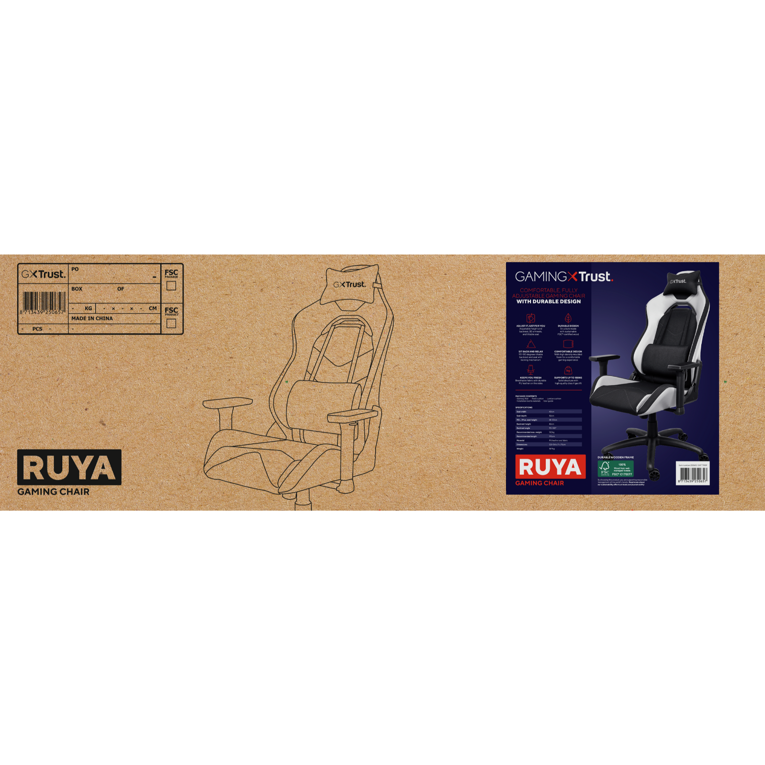 Box with a gaming chair, featuring a black and white design. Includes a side view and details.