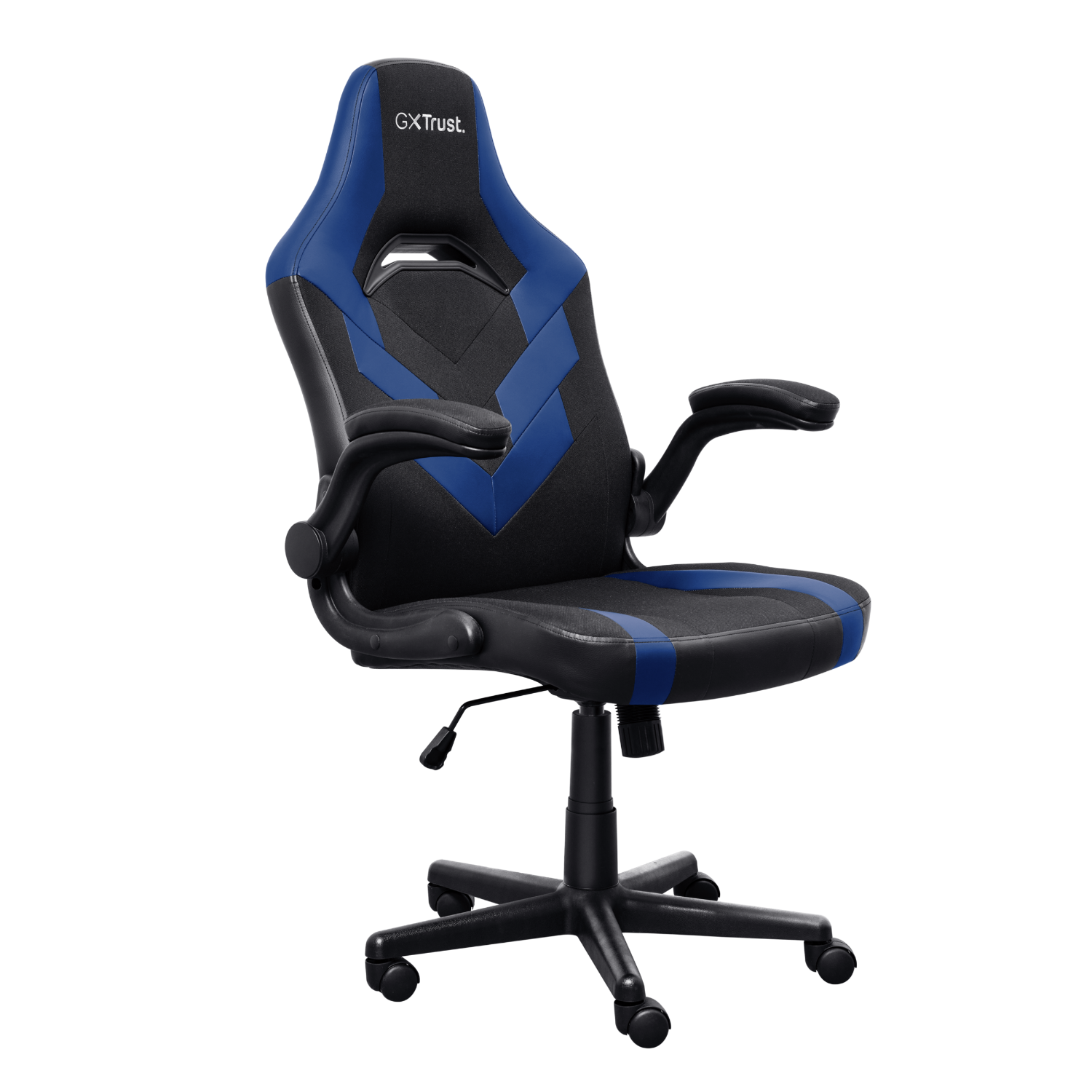 A black and blue gaming chair. It has a headrest and armrests. The background is black.