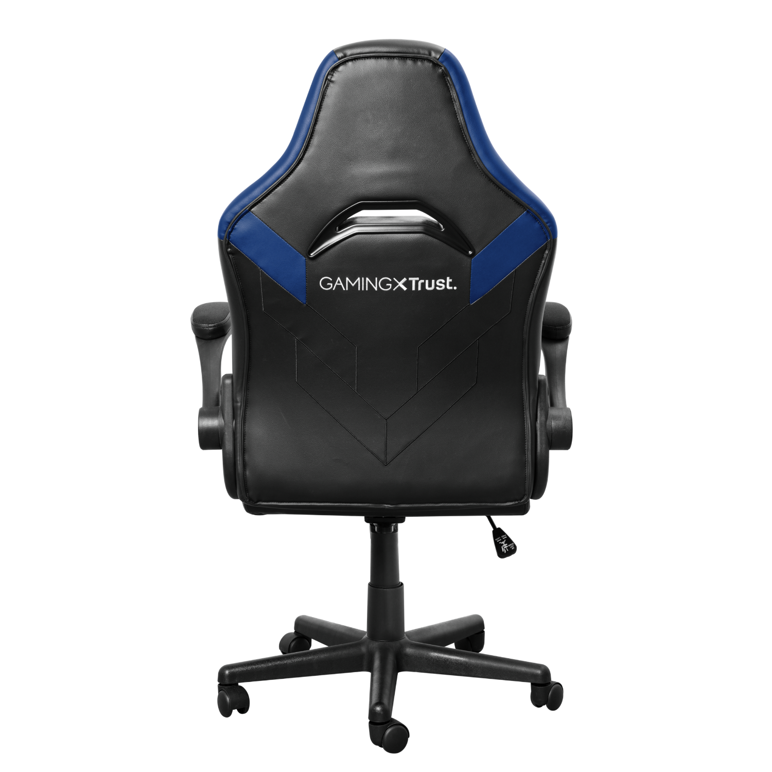 Gaming chair back. Black with blue accents and GamingXTrust logo.