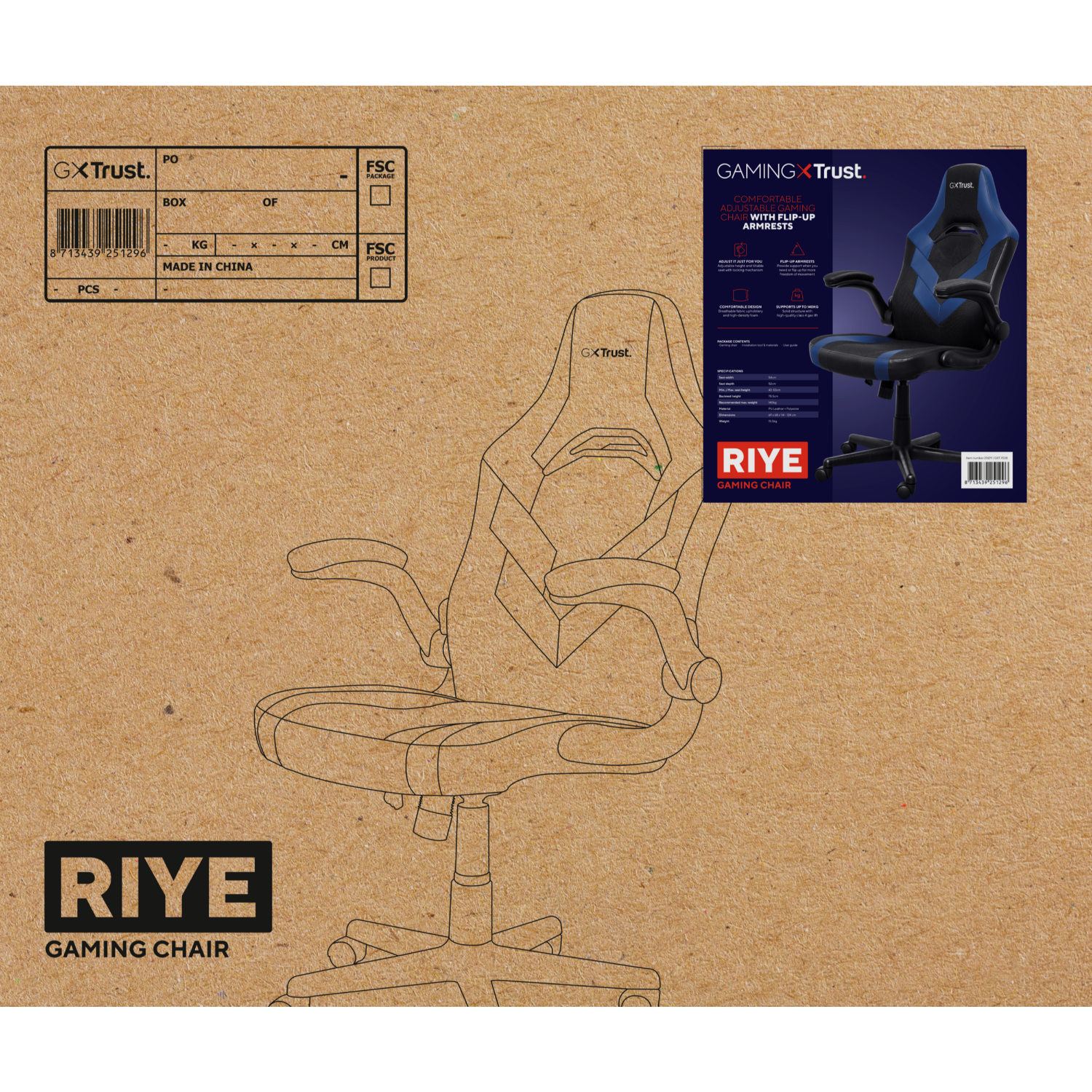 Gaming chair schematic.  Black and blue design.  Packaging with product info and logo visible.