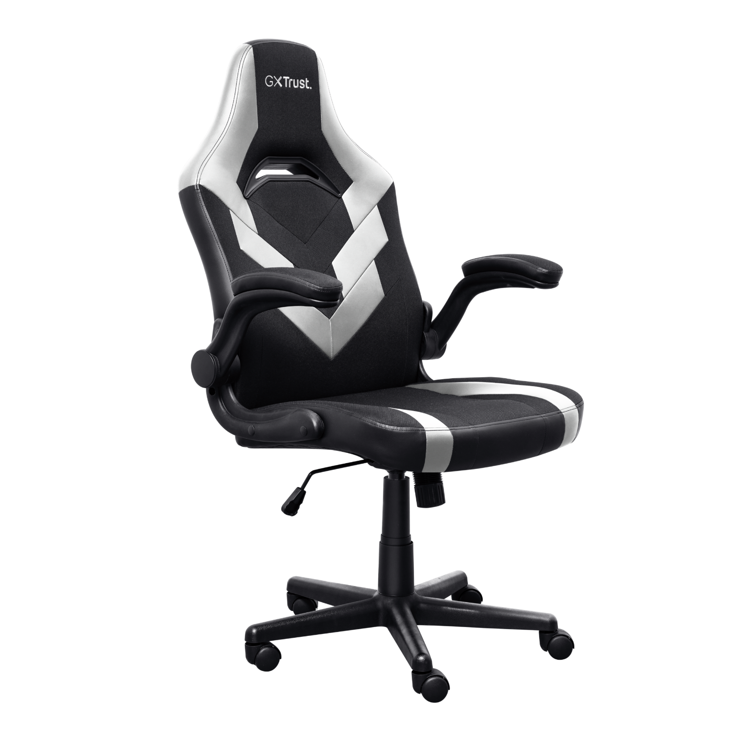 Black and white gaming chair on a black background.