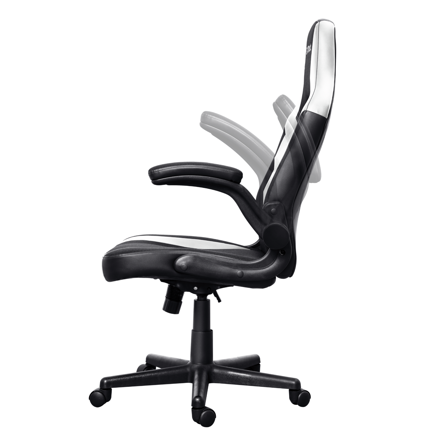 Black and white gaming chair, side view, on black background.