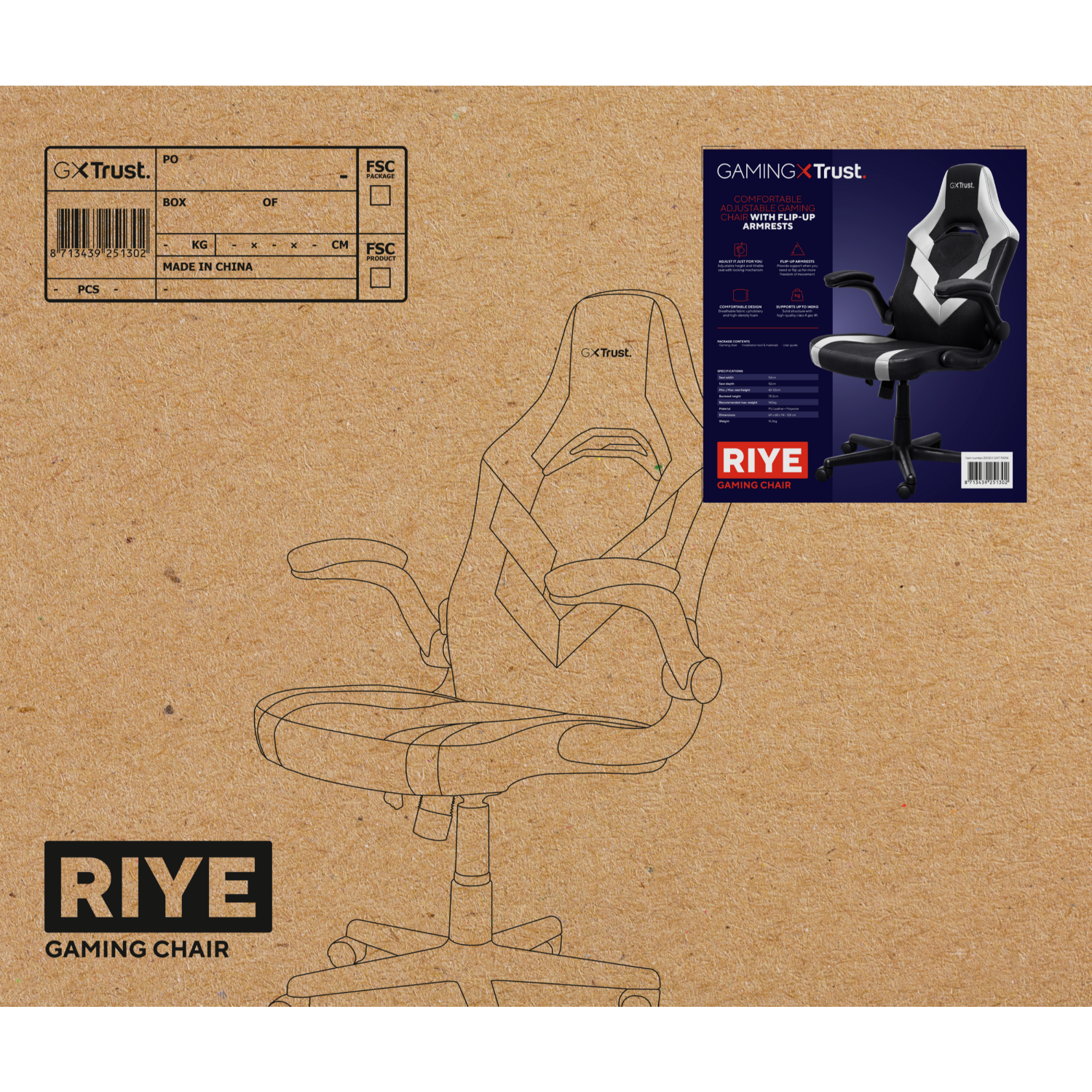 Gaming chair box, with chair outline and specifications. Brown cardboard box.