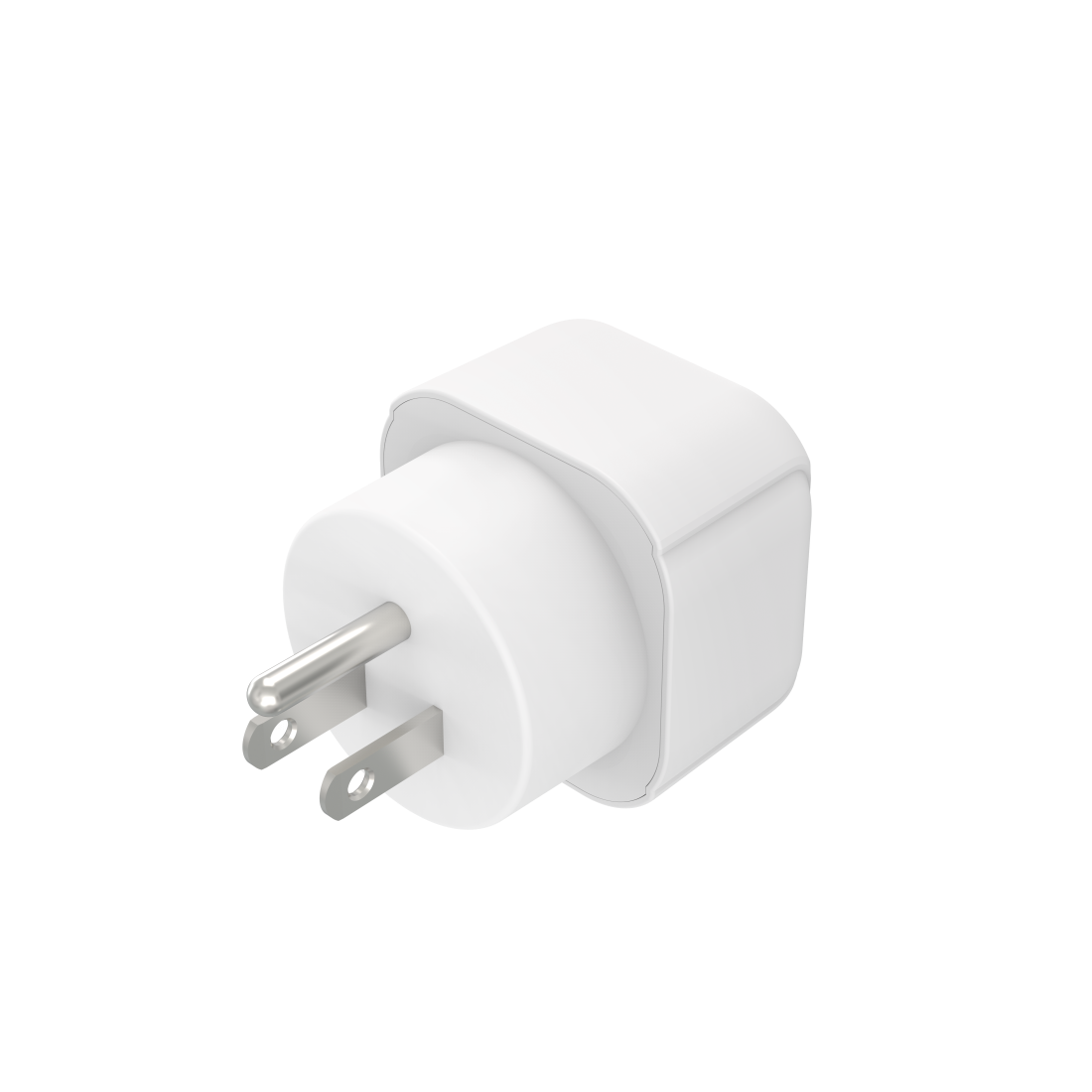 Adaptador blanco para enchufes estadounidenses. Está sobre un fondo negro.