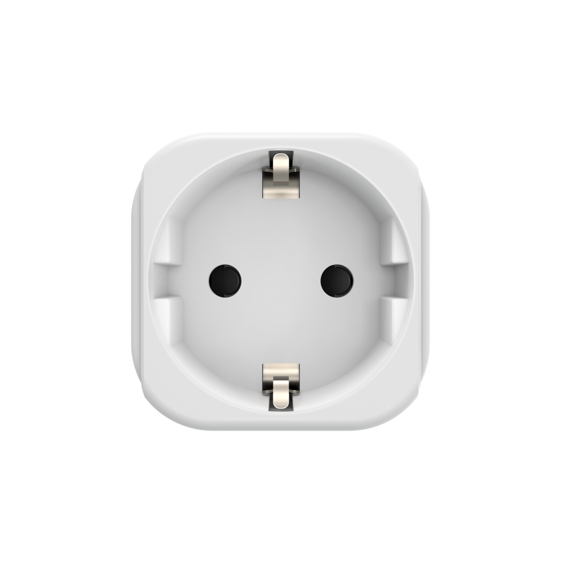 Enchufe eléctrico blanco con dos agujeros y clavijas metálicas.