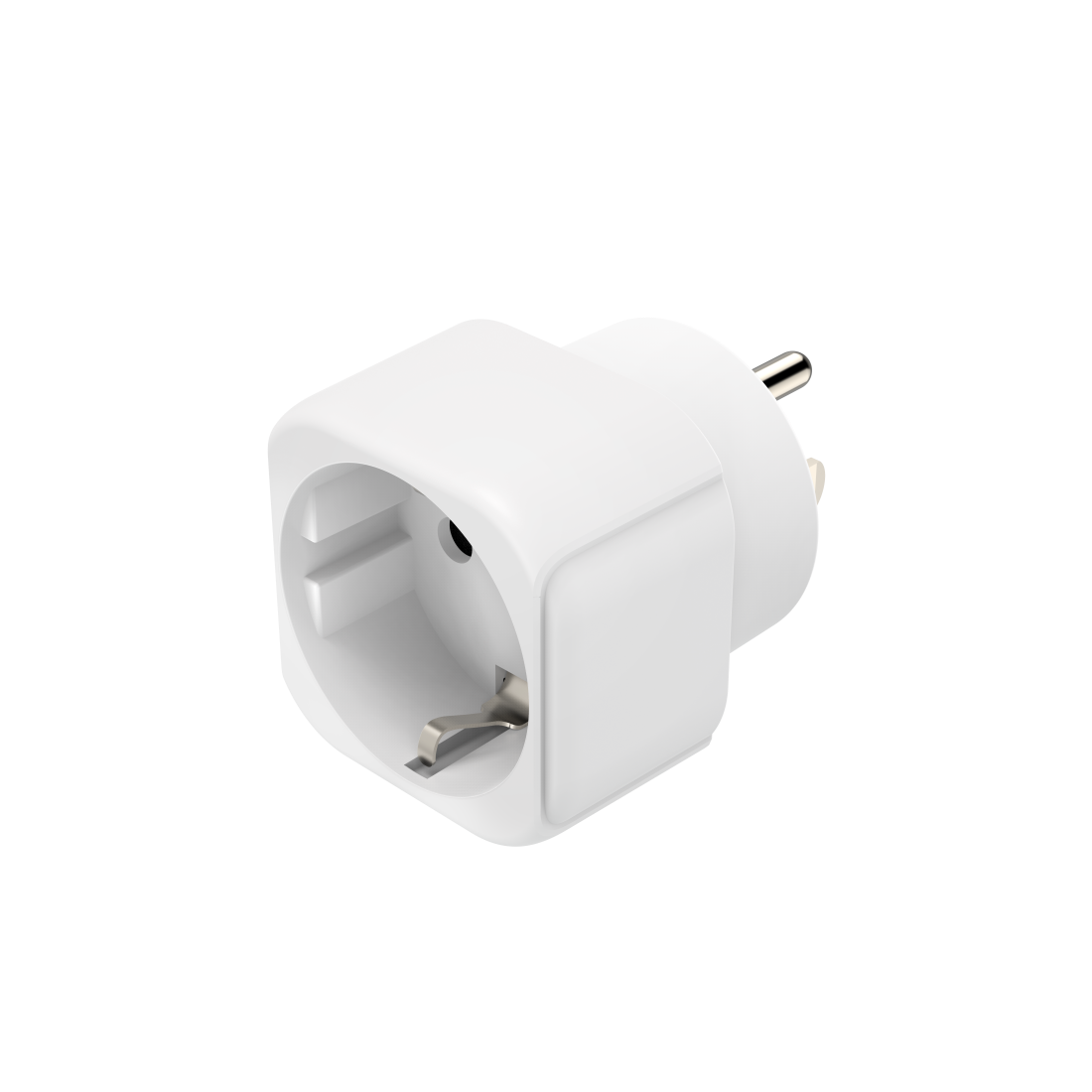 Adaptador de enchufe europeo blanco. Tiene tres clavijas y una toma de corriente. El fondo es negro.