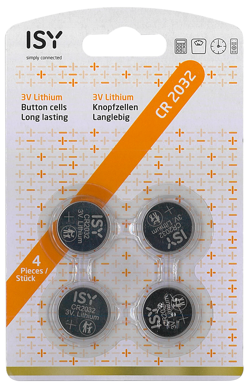 Cuatro pilas CR2032 en blíster. El envase es blanco y naranja.
