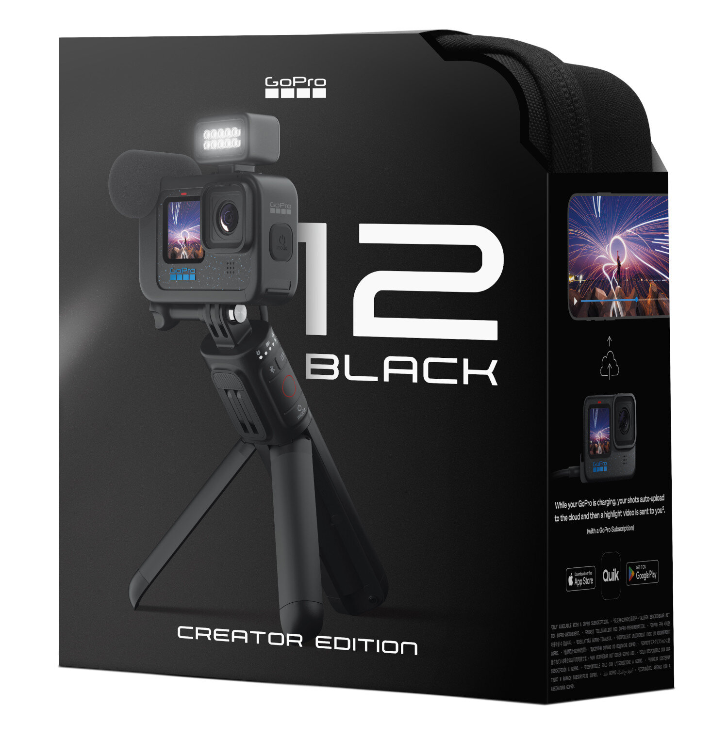Pudełko GoPro Hero 12 Black Creator Edition. Kamera, światło, mikrofon, statyw w pudełku. Czarno-białe.