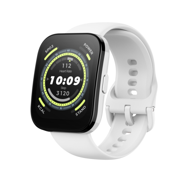 Biały smartwatch z czarnym ekranem. Wyświetla czas, tętno, kroki i kalorie. Białe tło.