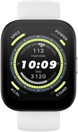 Smartwatch z czarnym wyświetlaczem pokazującym czas, tętno, kroki i inne wskaźniki.