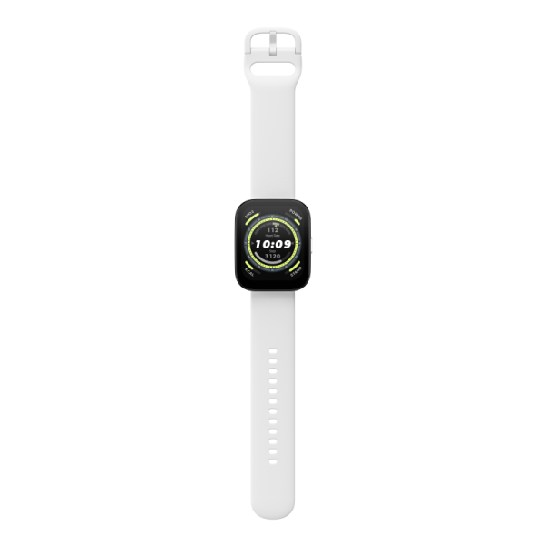 Biały smartwatch z czarnym ekranem, wyświetlający czas i metryki, na czarnym tle.