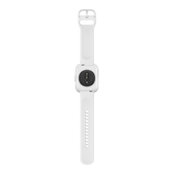 Biały smartwatch. Zegarek pokazany jest od tyłu. Ma czujnik i biały pasek.