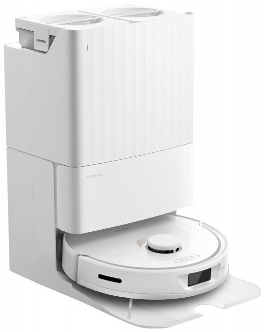 Biały robot sprzątający ze stacją ładującą. Odkurzacz jest okrągły i ma czarny czujnik.