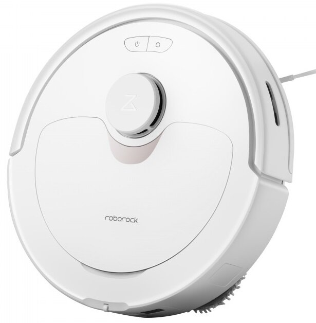 Biały odkurzacz robot, okrągły z centralnym sterowaniem i portem ładowania.