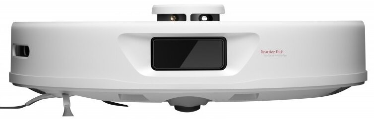 Biały robot odkurzający z czarnym czujnikiem.