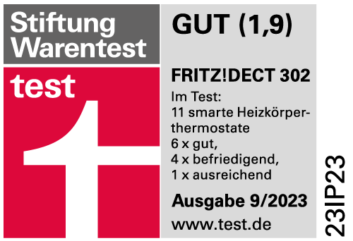 Stiftung Warentest Bewertung: FRITZ!DECT 302, 'GUT' (1,9), rotes Testzeichen, weißer Hintergrund.