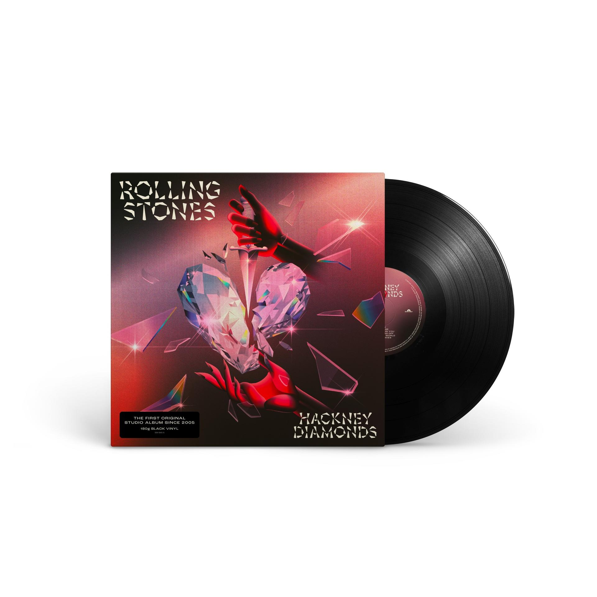 Rolling Stones 'Hackney Diamonds' Vinylplatte. Albumcover mit zerbrochenen Diamanten und Bandnamen. Schwarze Platte.