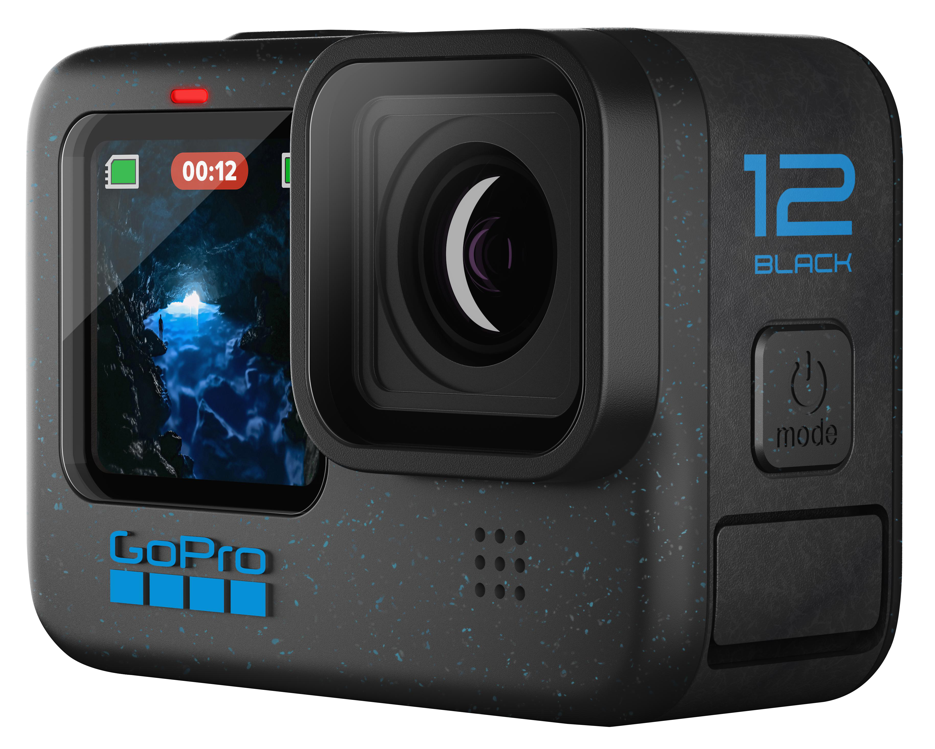 Eine schwarze GoPro-Kamera mit einem Display, das ein Video zeigt, mit einer Modustaste.