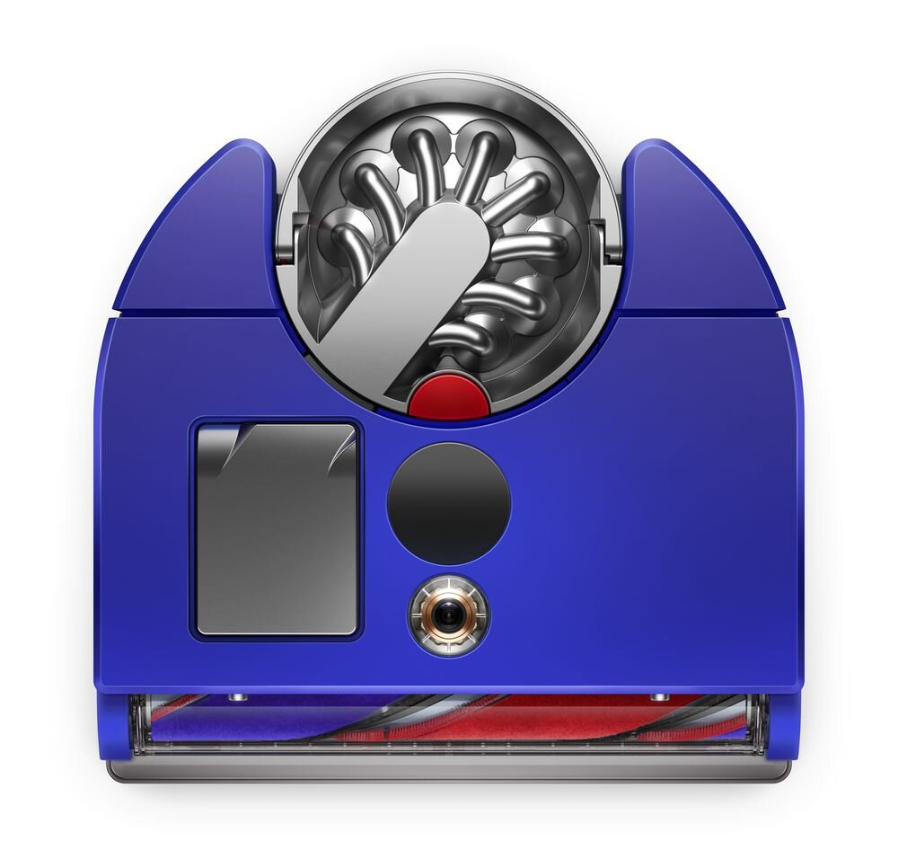 Widok z góry na niebieski odkurzacz robota z centralnym elementem i szczotką.