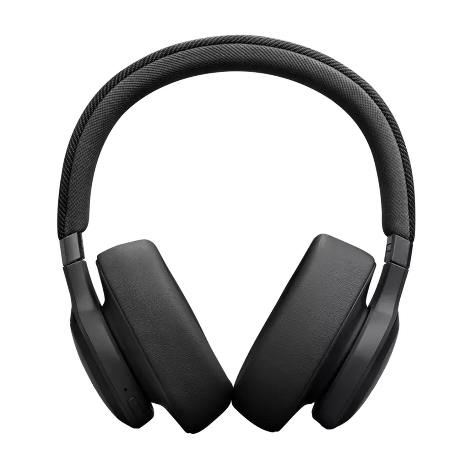 Black headphones with a head band and ear cups, the shape of the headphones.