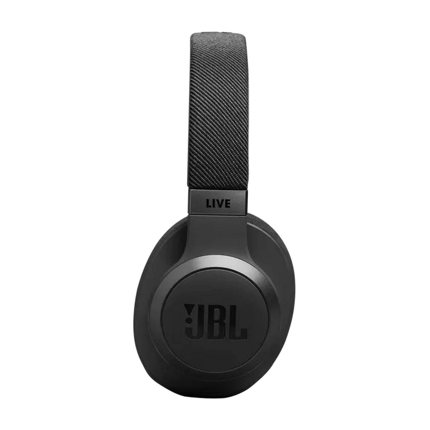 Black JBL headphones with a fabric headband. The earcups have the JBL logo.