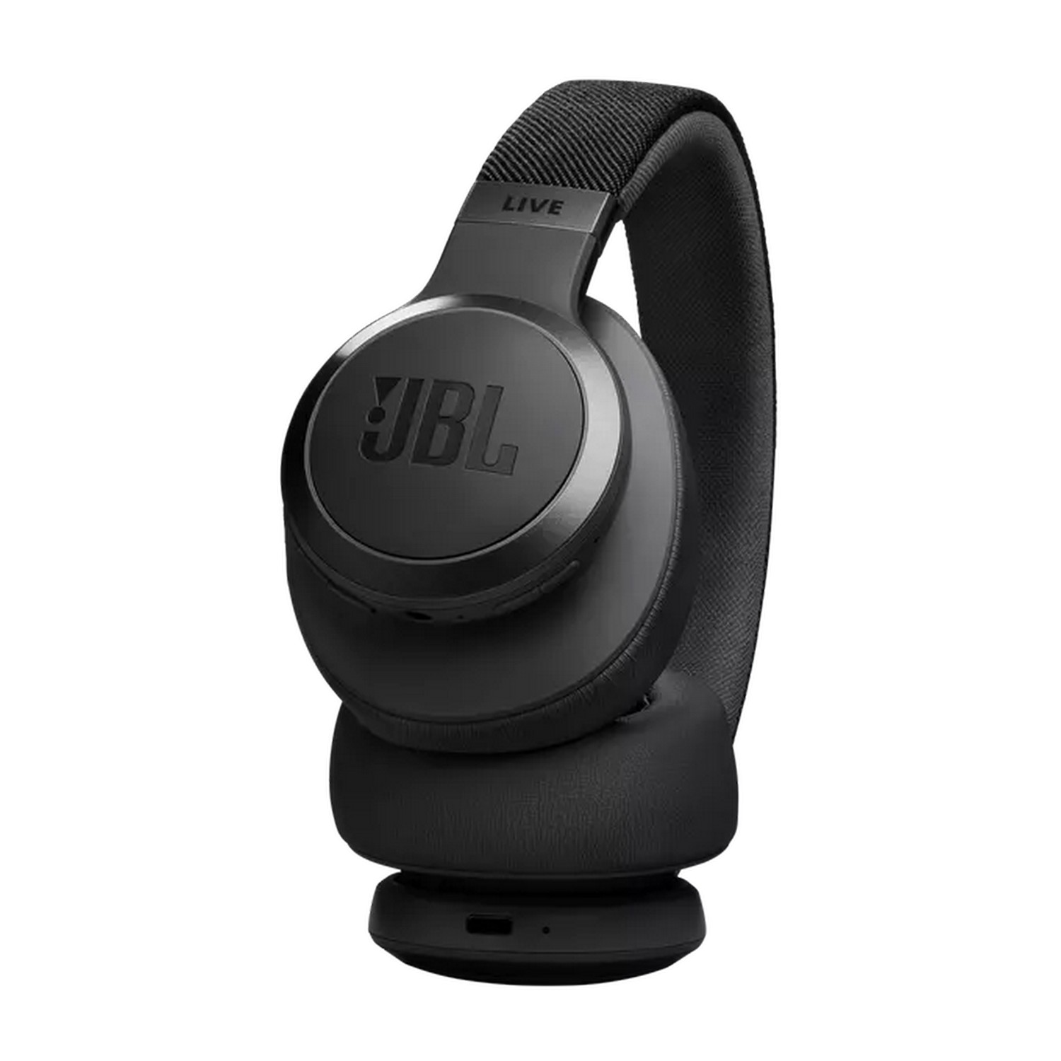 Black JBL headphones with the JBL logo on the earcups. 