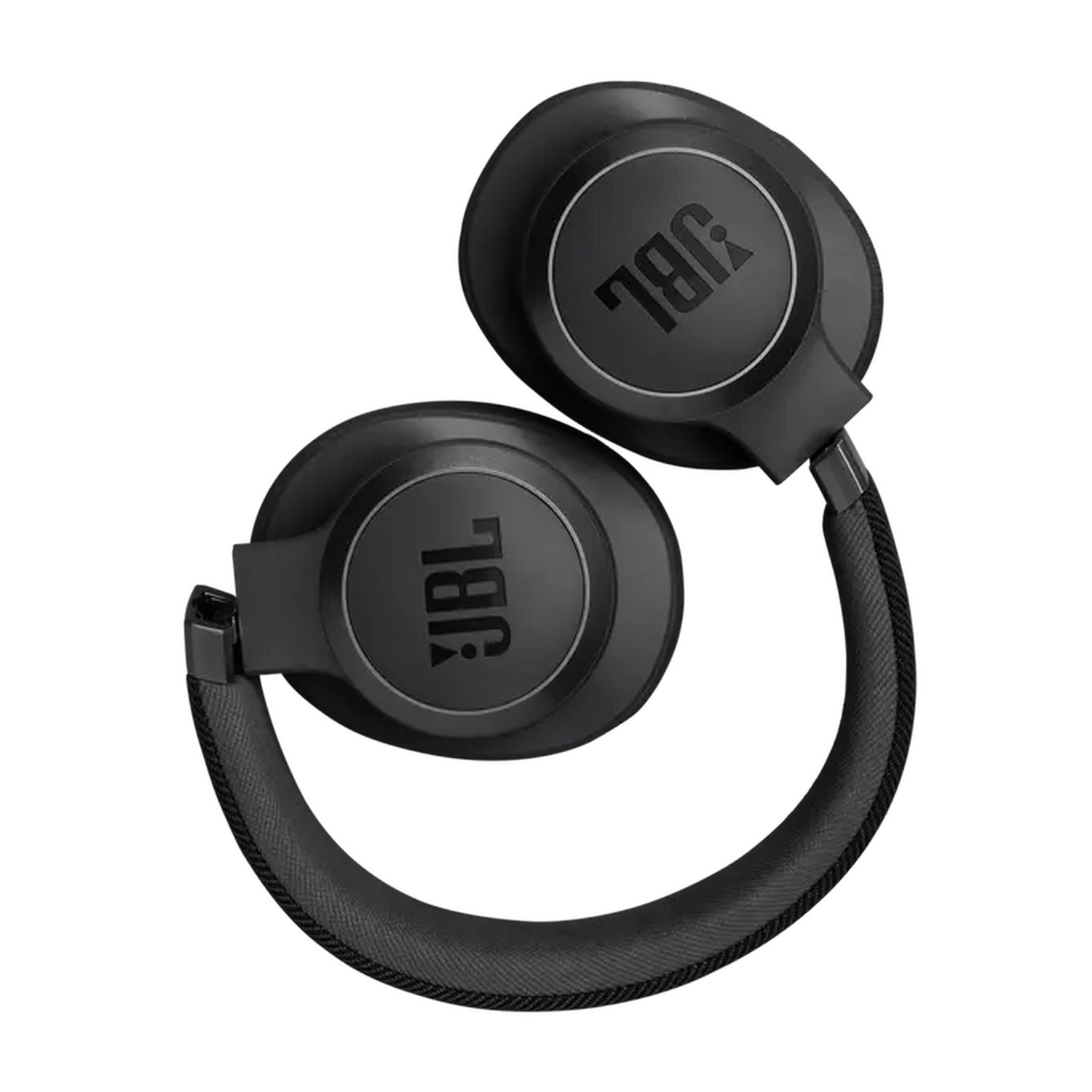 Black JBL headphones on a white background. The earcups have JBL logos.