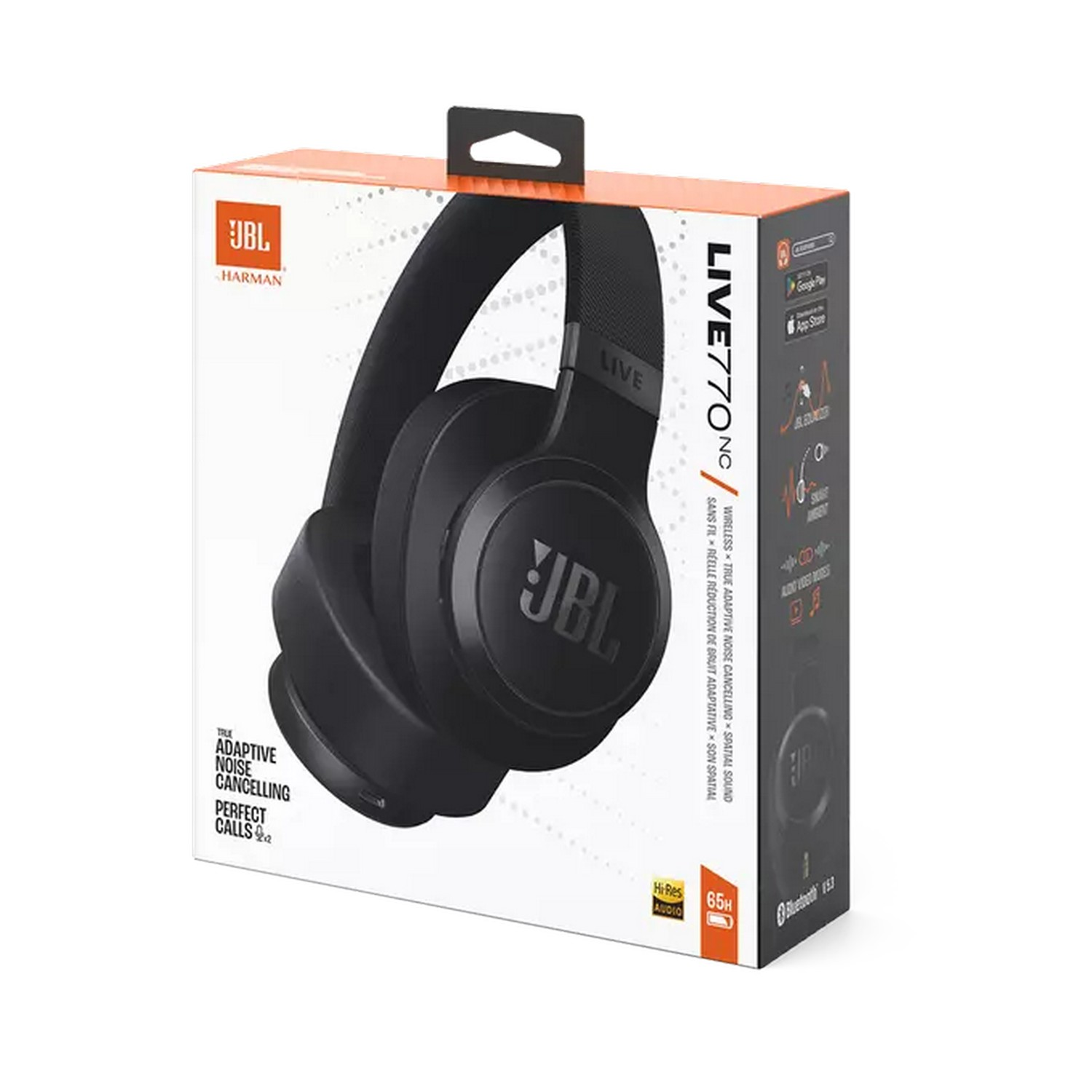 Black JBL headphones in a box. The box is orange and white. The headphones are over-ear.