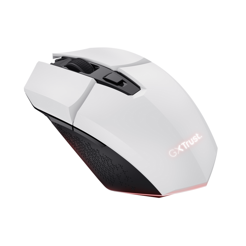 Ratón gaming blanco con detalles negros y luz roja inferior.