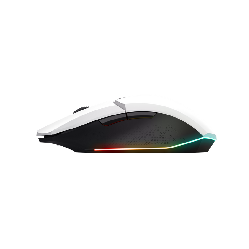 Ratón gaming blanco y negro con luces RGB. Fondo negro.