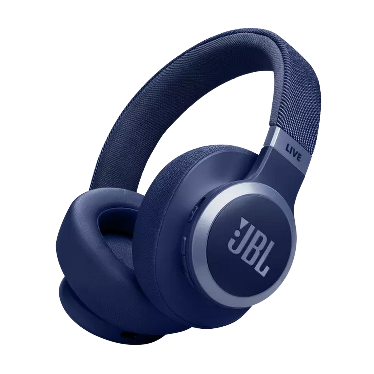 Casque JBL bleu, avec un bandeau et des écouteurs bleus. Le logo JBL est visible sur les écouteurs.