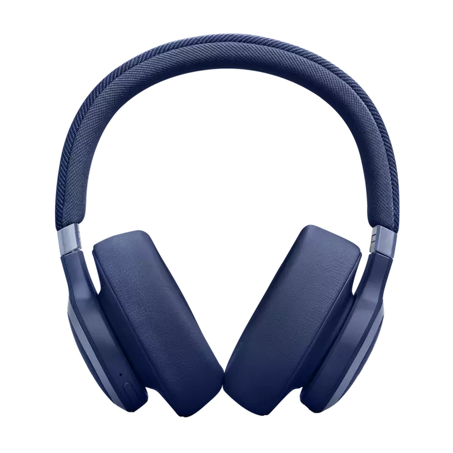 Un casque bleu avec un bandeau et des oreillettes incurvés, isolé sur fond blanc.