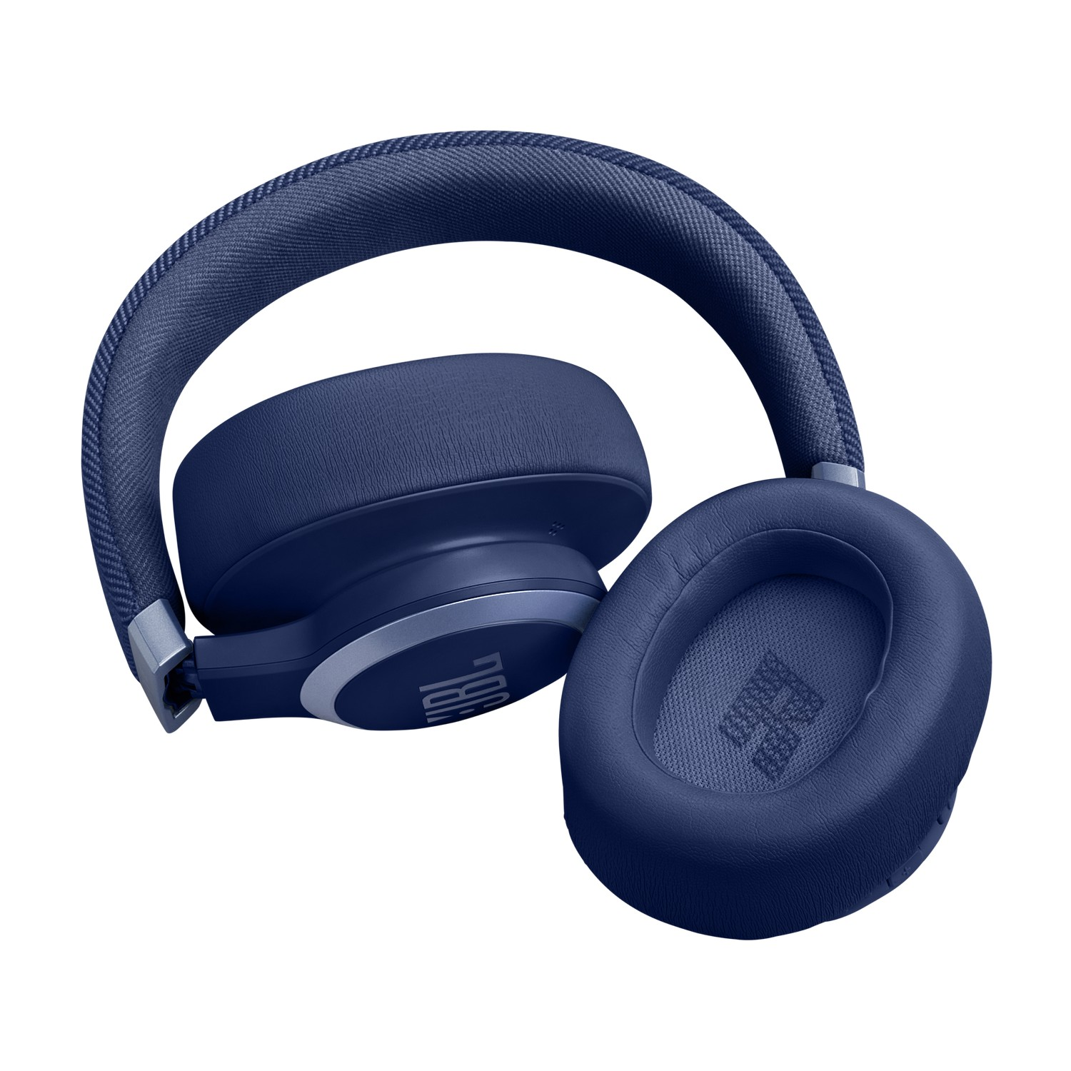 Casque JBL bleu isolé, avec un bandeau et des oreillettes bleus.