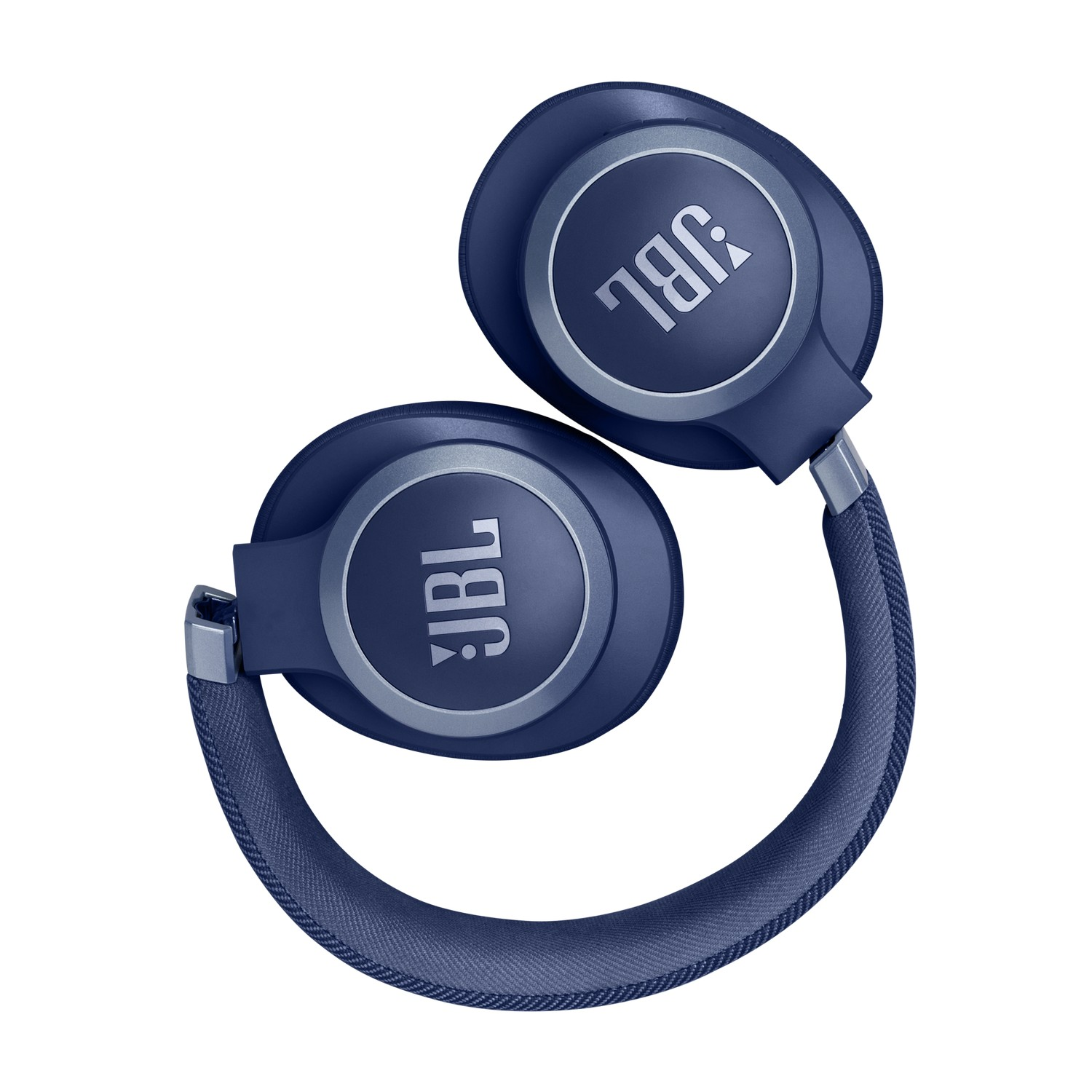 Casque JBL bleu, vue de dessus. Les écouteurs sont bleus avec le logo JBL.