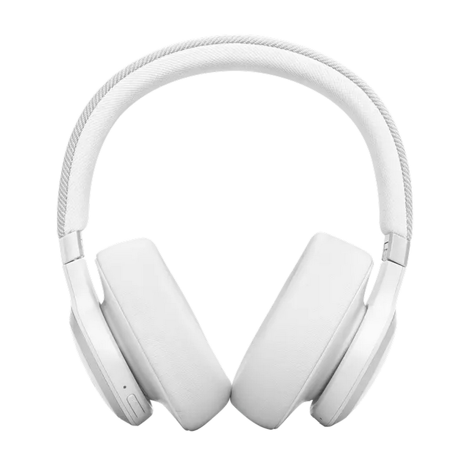 Casque circum-auriculaire, écouteurs et bandeau blancs, avec tissu gris clair sur le dessus.