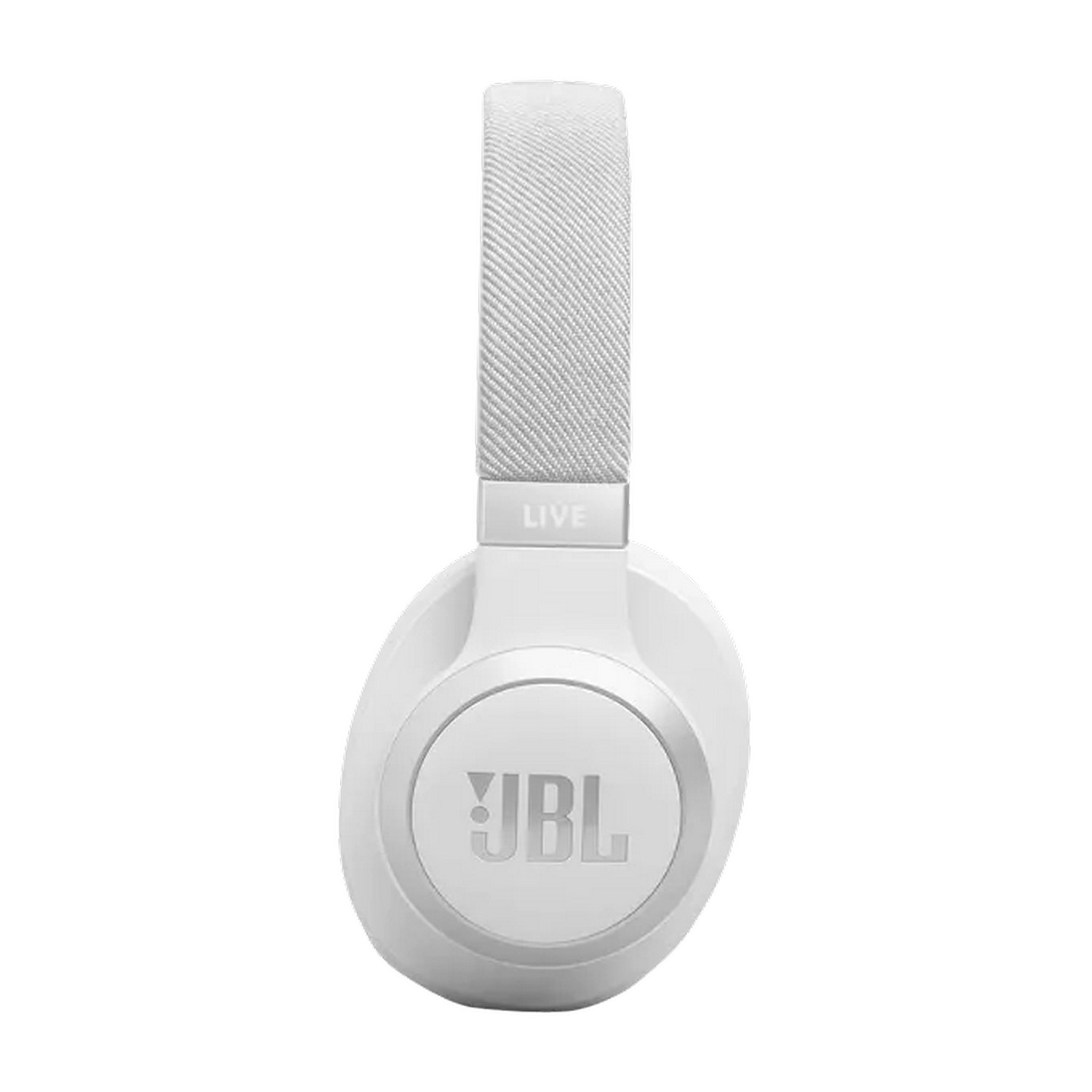 Casque JBL blanc avec bandeau et écouteurs. Logo JBL argenté visible.