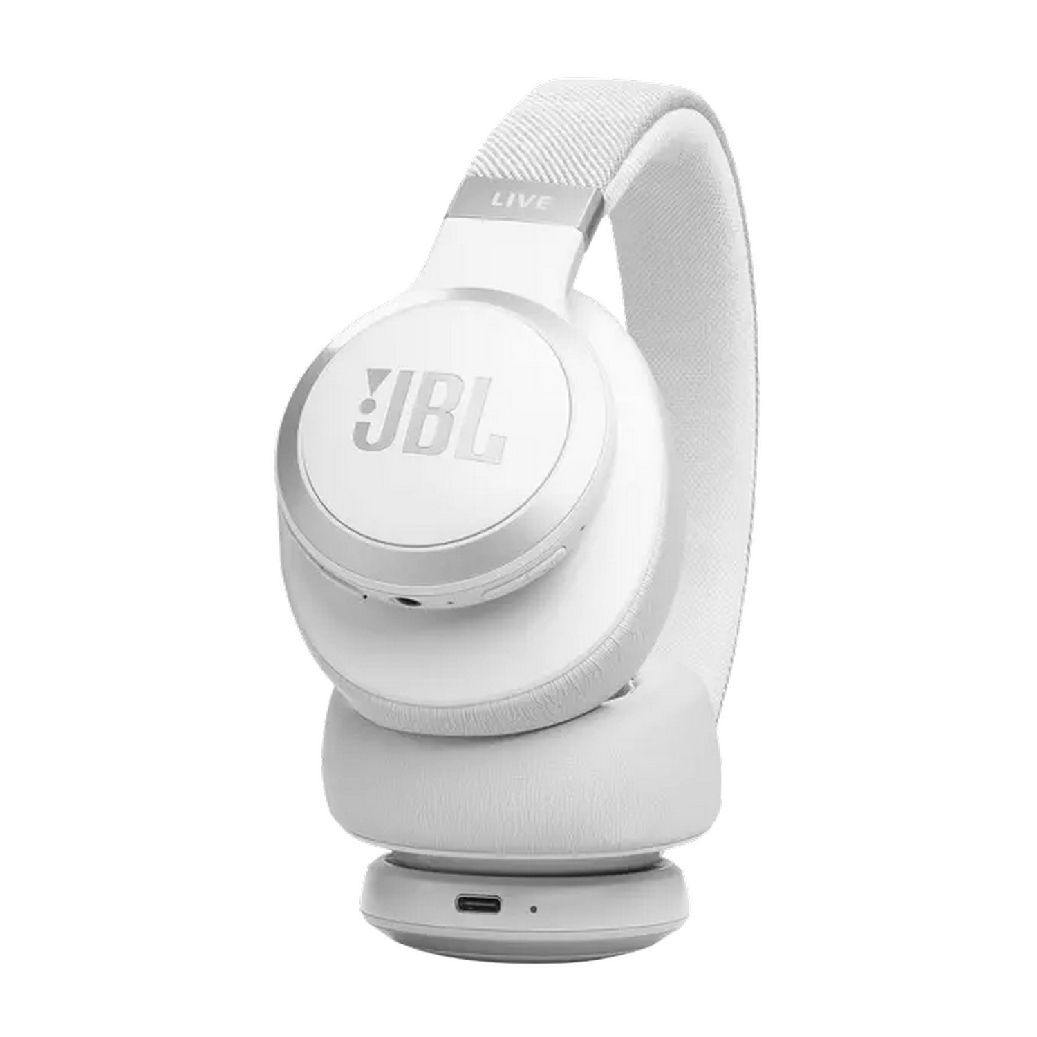 Casque JBL blanc. Le casque a un bandeau et des écouteurs blancs.