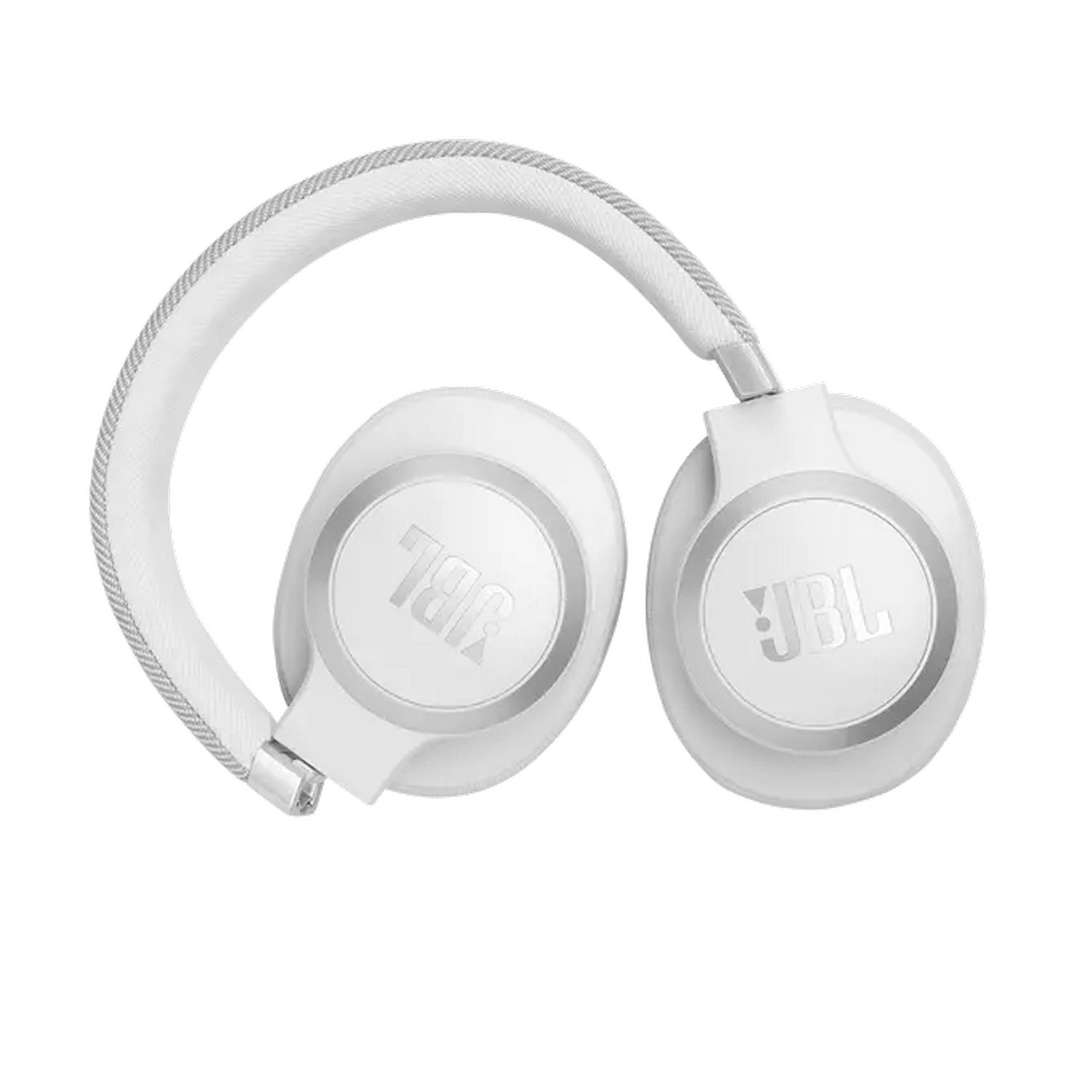 Casque JBL blanc. Le casque est plié. Le logo est visible sur les oreillettes.