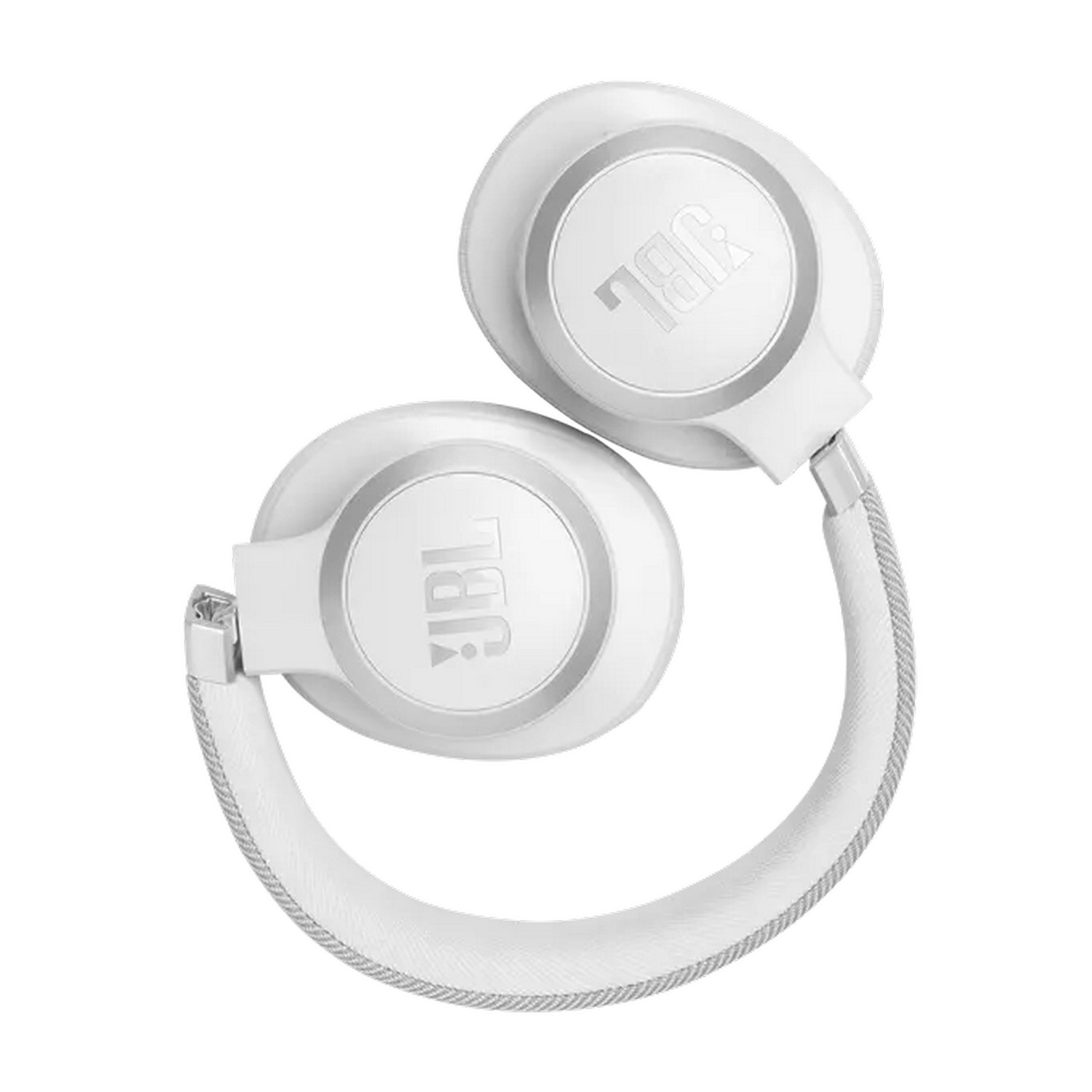Casque JBL blanc. Les deux écouteurs sont visibles, reliés par l'arceau. Logo JBL imprimé.