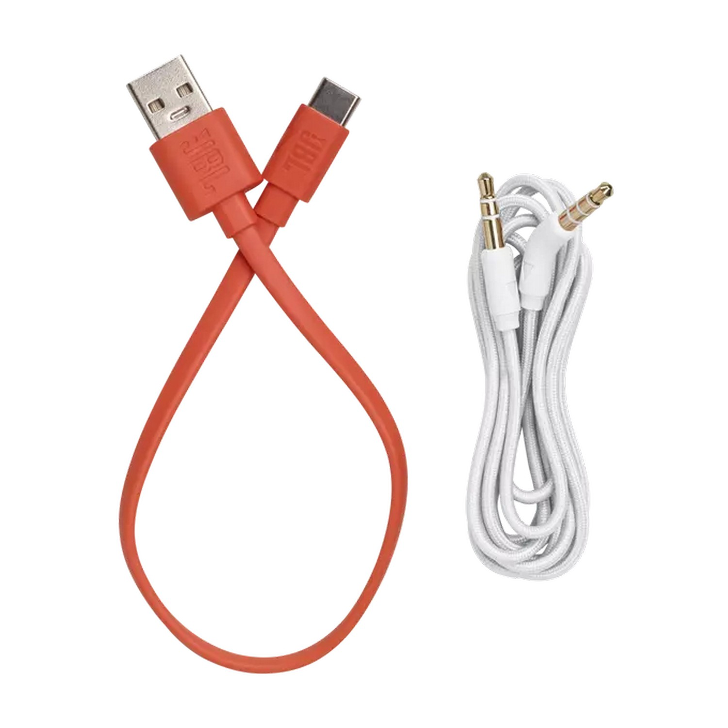 Deux câbles audio : un câble USB-C vers USB-A rouge et un câble audio blanc de 3,5 mm.