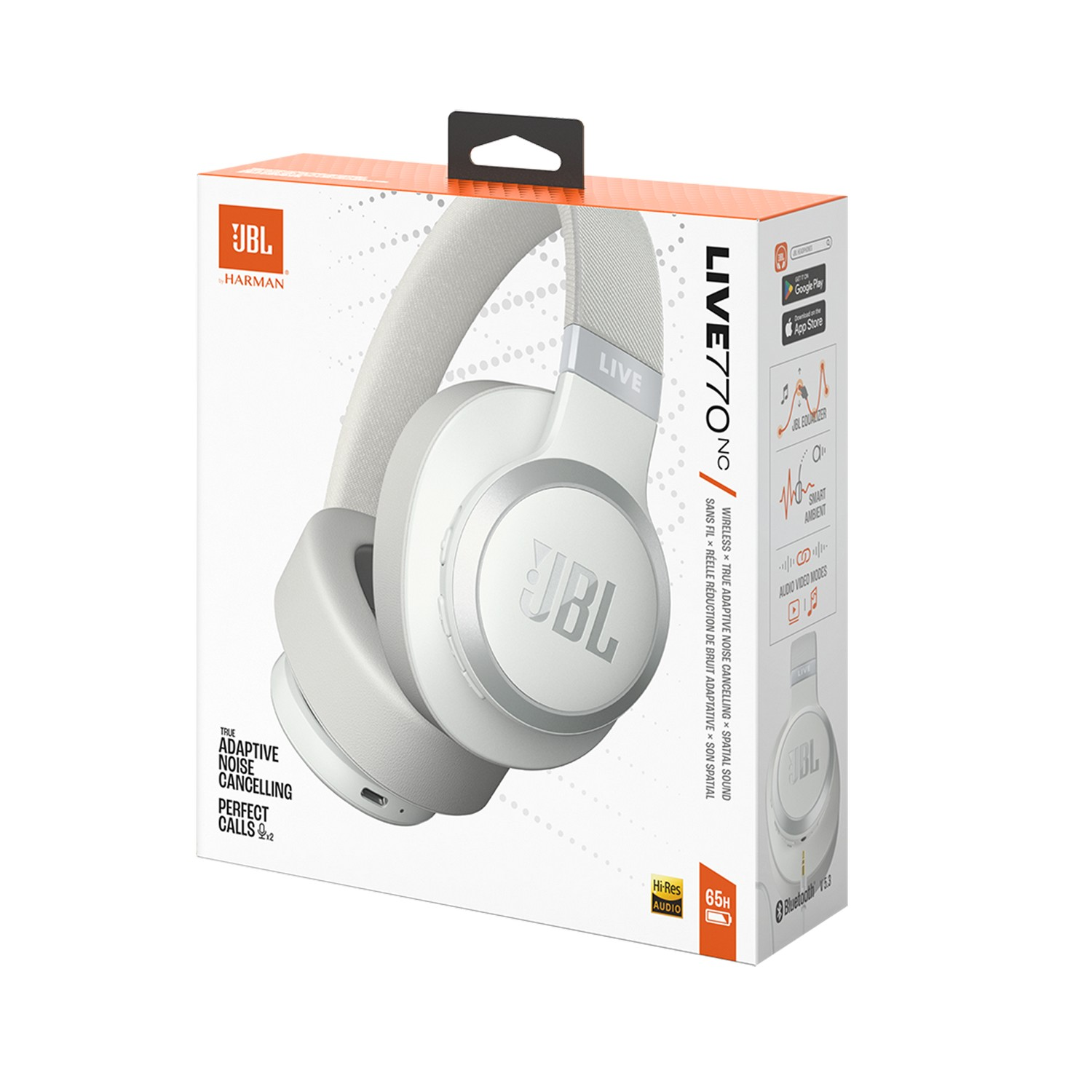 Casque JBL blanc dans une boîte, caractéristiques et spécifications affichées.