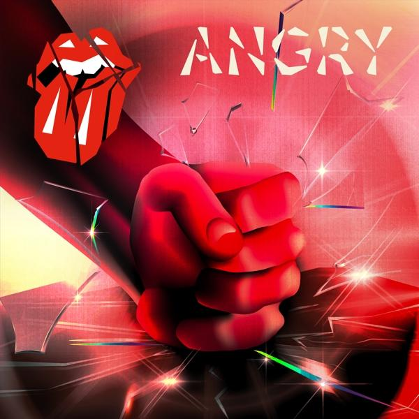 Bild einer roten Faust, die Glas zerschmettert, mit dem Text "ANGRY" und dem Zungenlogo der Rolling Stones.