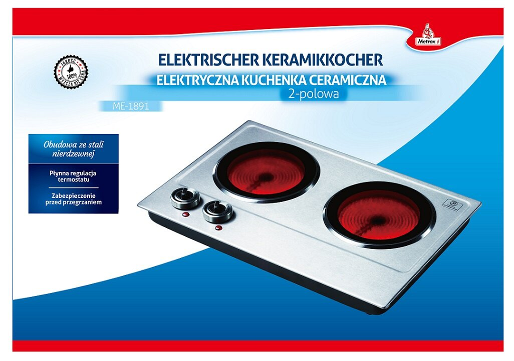 Elektryczna płyta ceramiczna z dwoma czerwonymi elementami grzejnymi i pokrętłami.