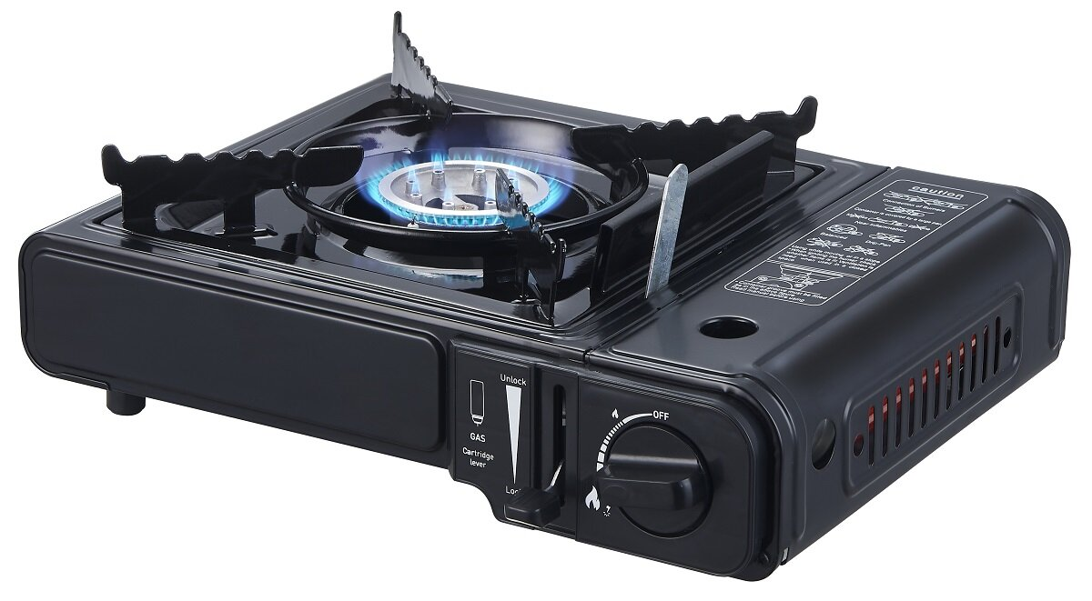 Czarny przenośny palnik gazowy z niebieskim płomieniem.
