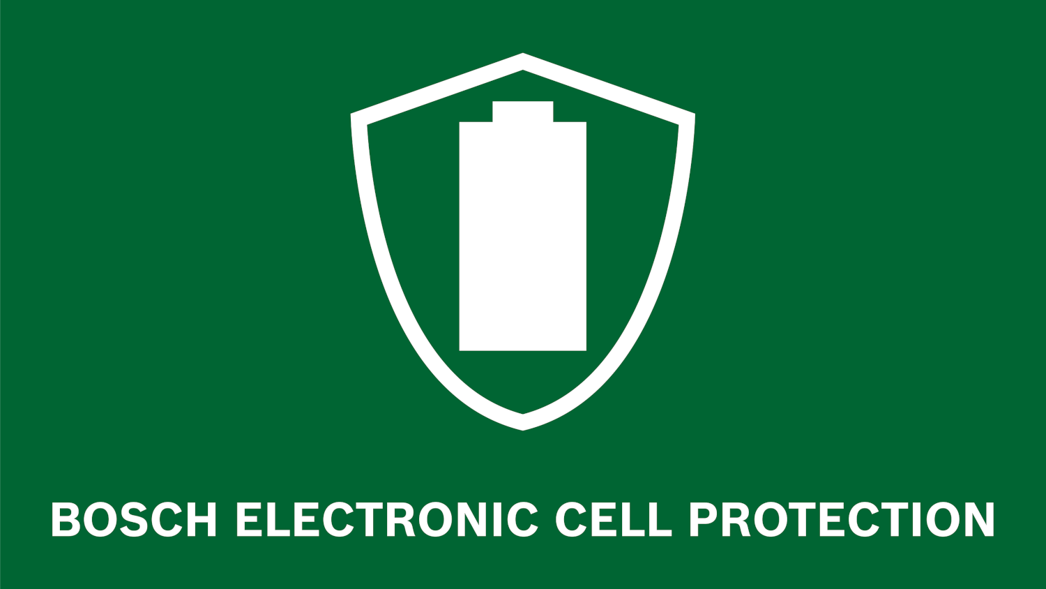 Fehér akkumulátor ikon egy pajzsban zöld háttéren. Szöveg: BOSCH ELECTRONIC CELL PROTECTION.