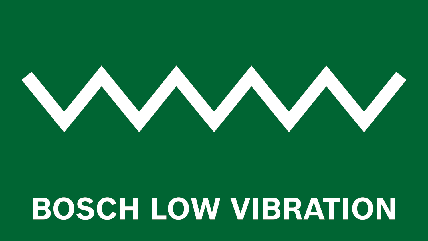 Bosch Low Vibration logó zöld háttéren, a szöveg felett cikcakk mintával.