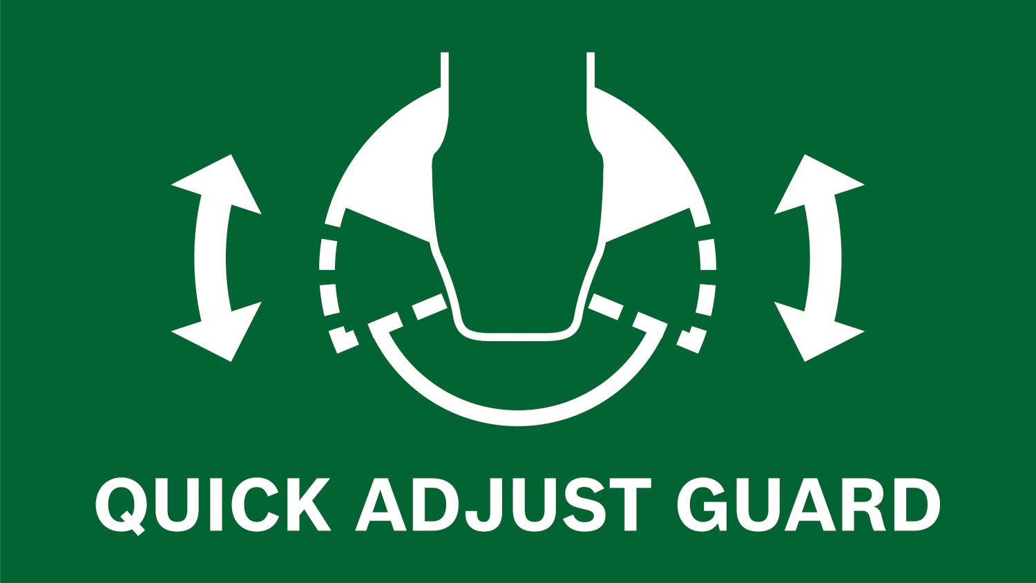 Zöld tábla fehér nyilakkal egy fogaskerék ikon körül, a "QUICK ADJUST GUARD" szöveggel.