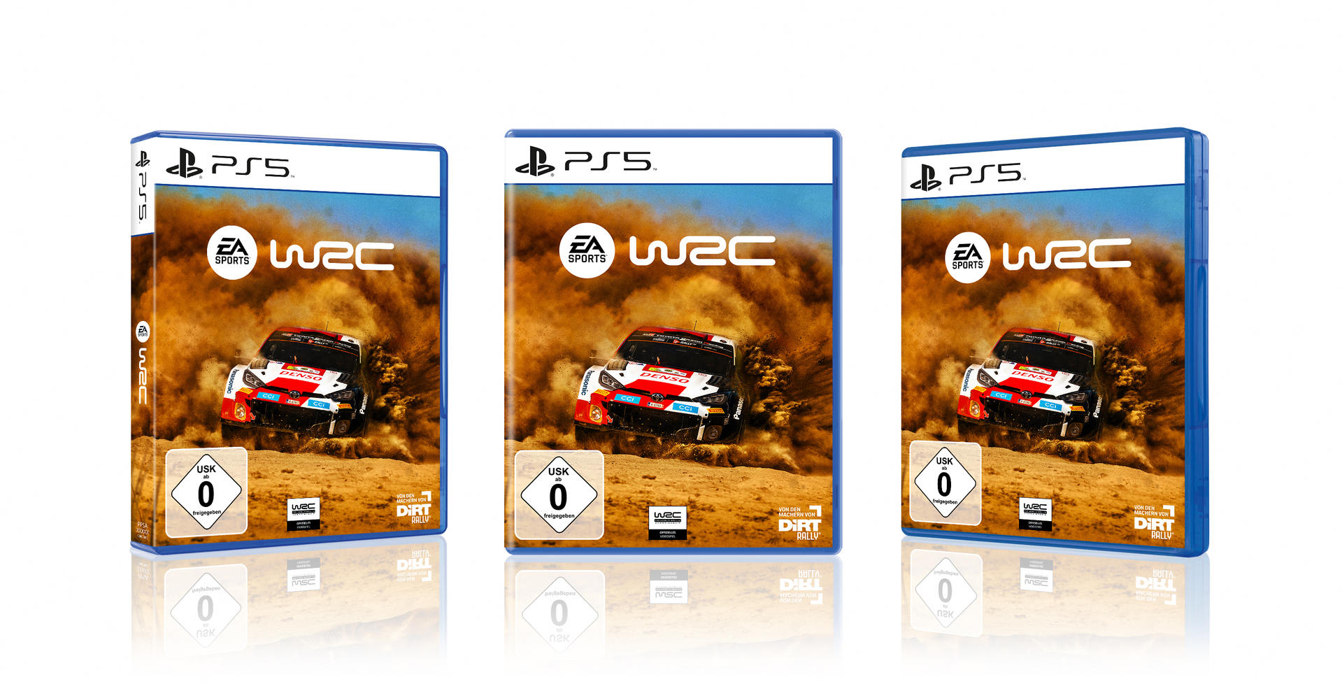 Drei PS5-Spielhüllen. Jede zeigt ein Rallyeauto auf einer Schotterstraße und den Spieletitel EA SPORTS WRC.