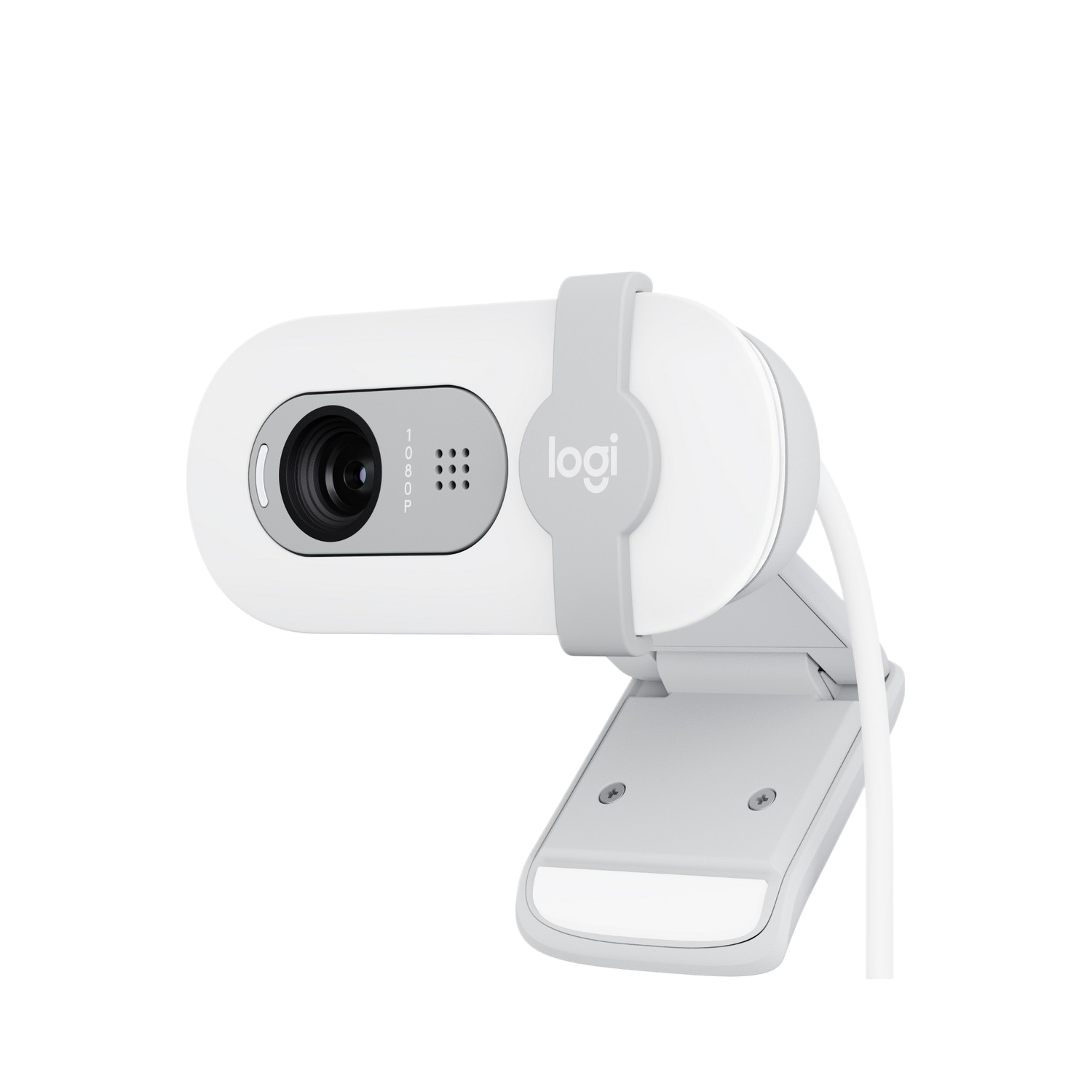 Webcam Logitech blanche et grise sur fond blanc. Elle possède un objectif.