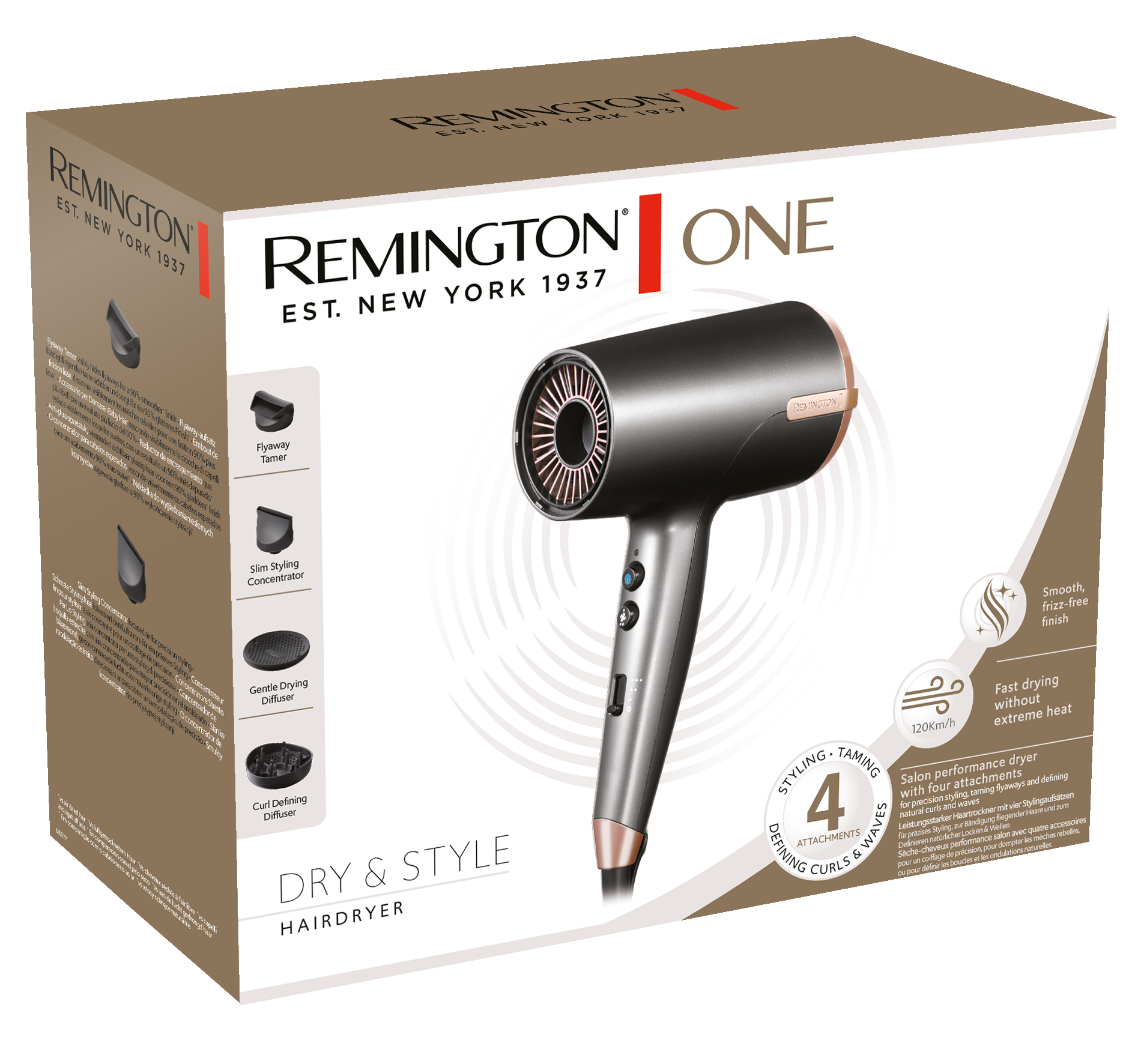 Remington-Haartrockner in einer Box. Es hat ein schwarz-roségoldenes Design.